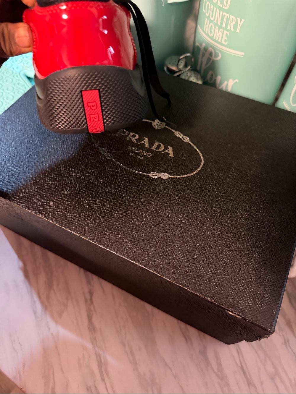 Prada Black Patent Low-Top Sneakers with Red Heel Tab - Picture 3 of 3
